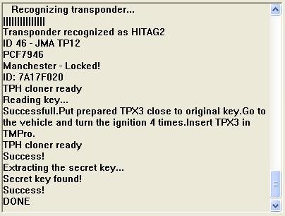 Software 145 / Key copier for Philips Crypto 2 (HITAG2, ID46, TP12) keys onto JMA TPX3/4 transponders